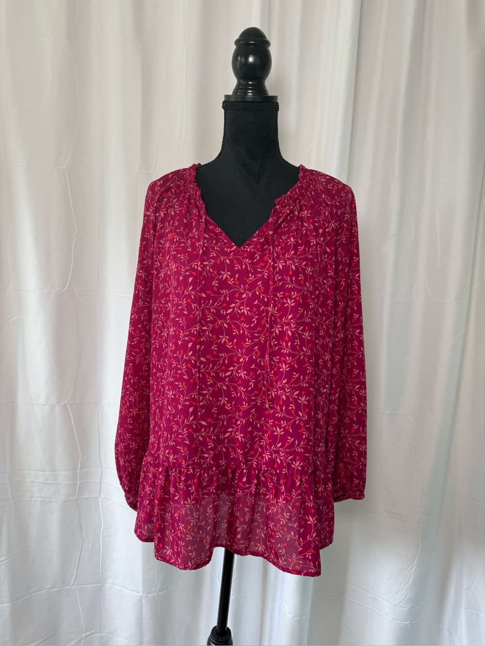 Old Navy Pink Floral Prairie Tunic Blouse Tie Keyhole Long Sleeve Women's XXL